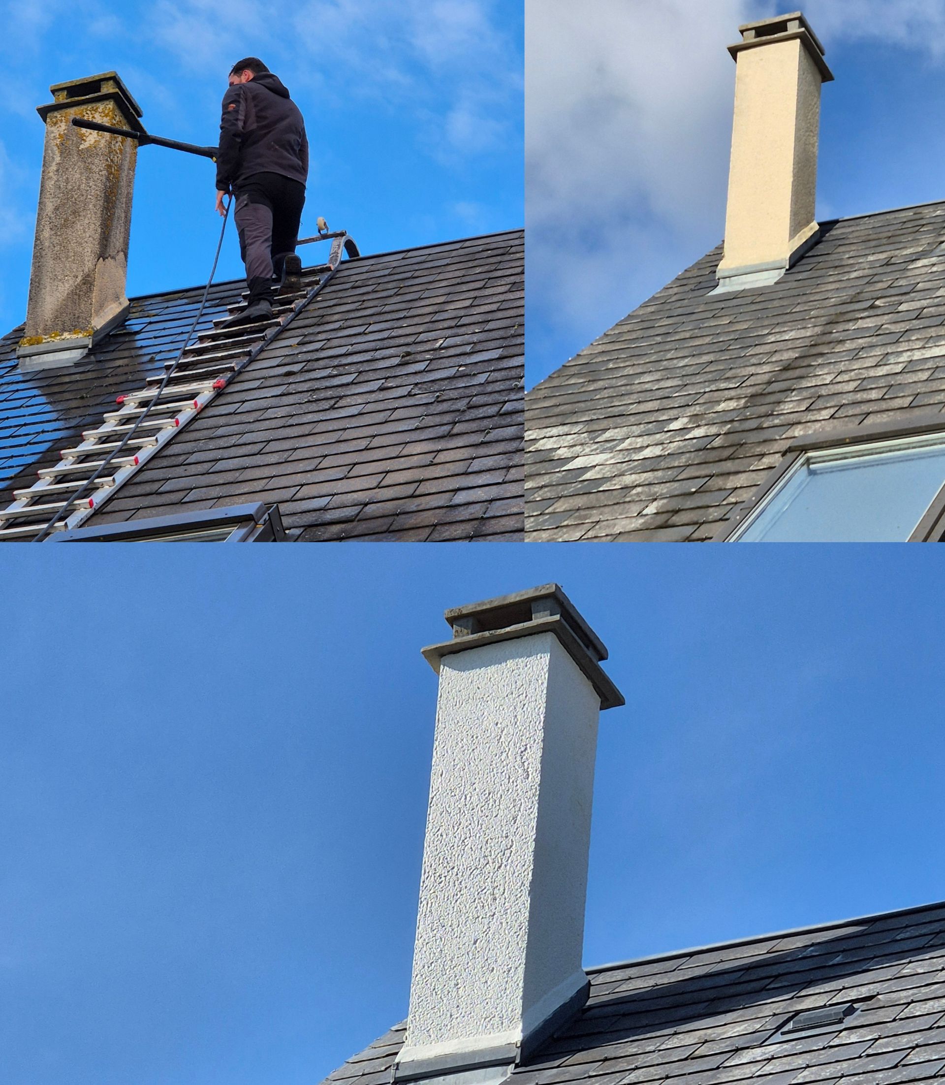 Montage de plusieurs étapes de nettoyage de toiture et de peinture sur la cheminée