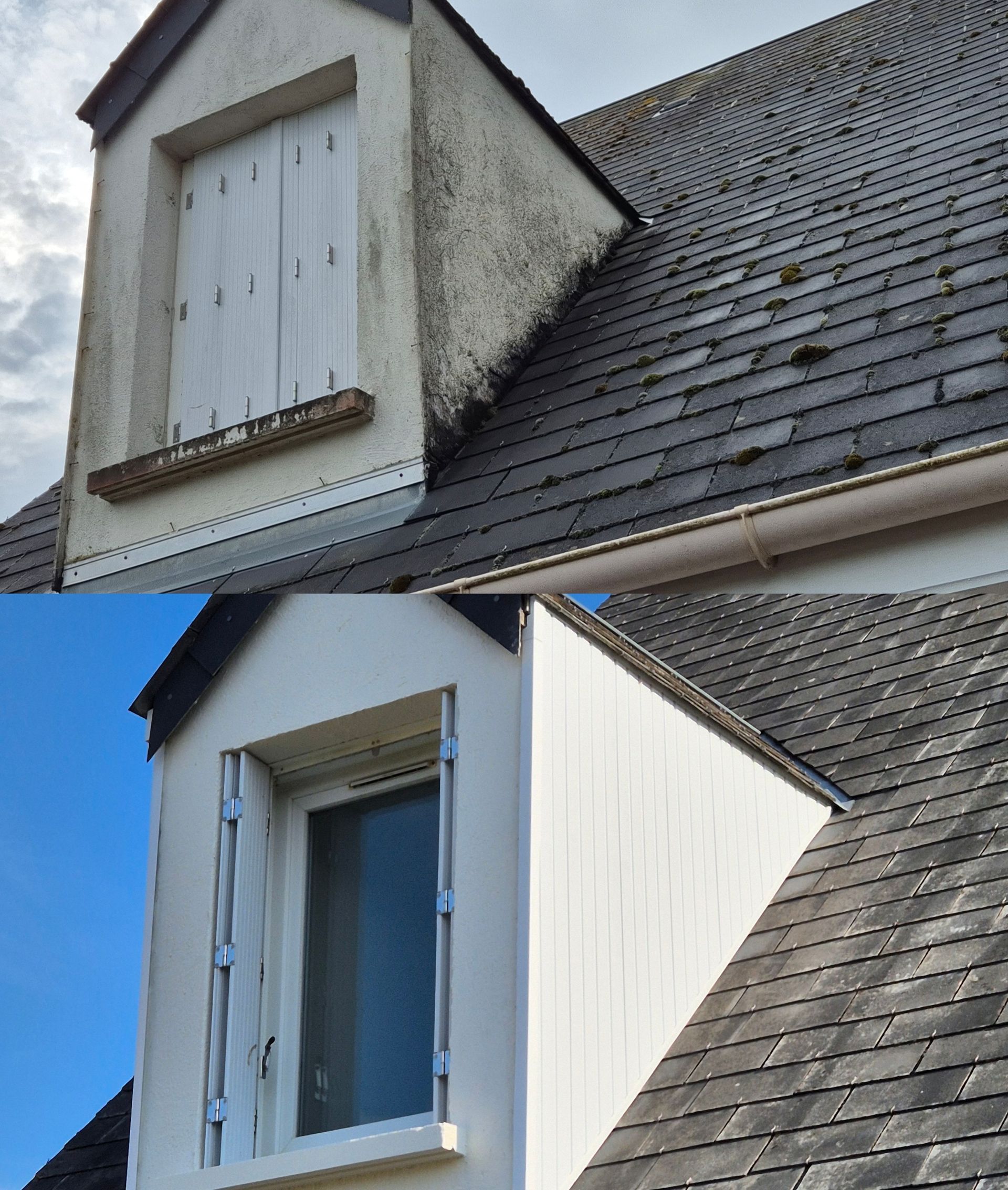 Montage avant/après d'un ravalement de façade avec une lucarne faîtière et pose de bardage sur les côtés