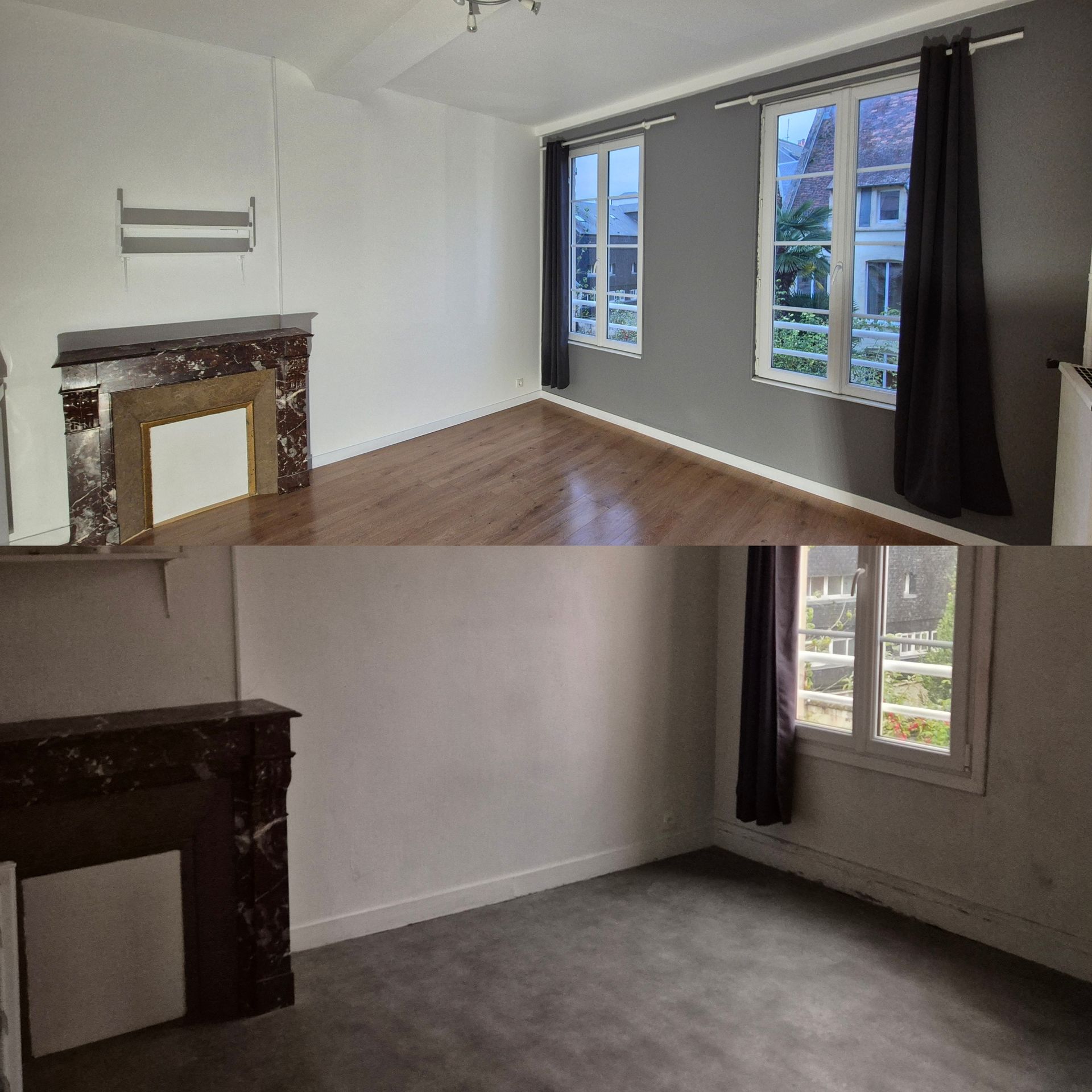 Montage avant/après de travaux de peinture intérieure dans un salon