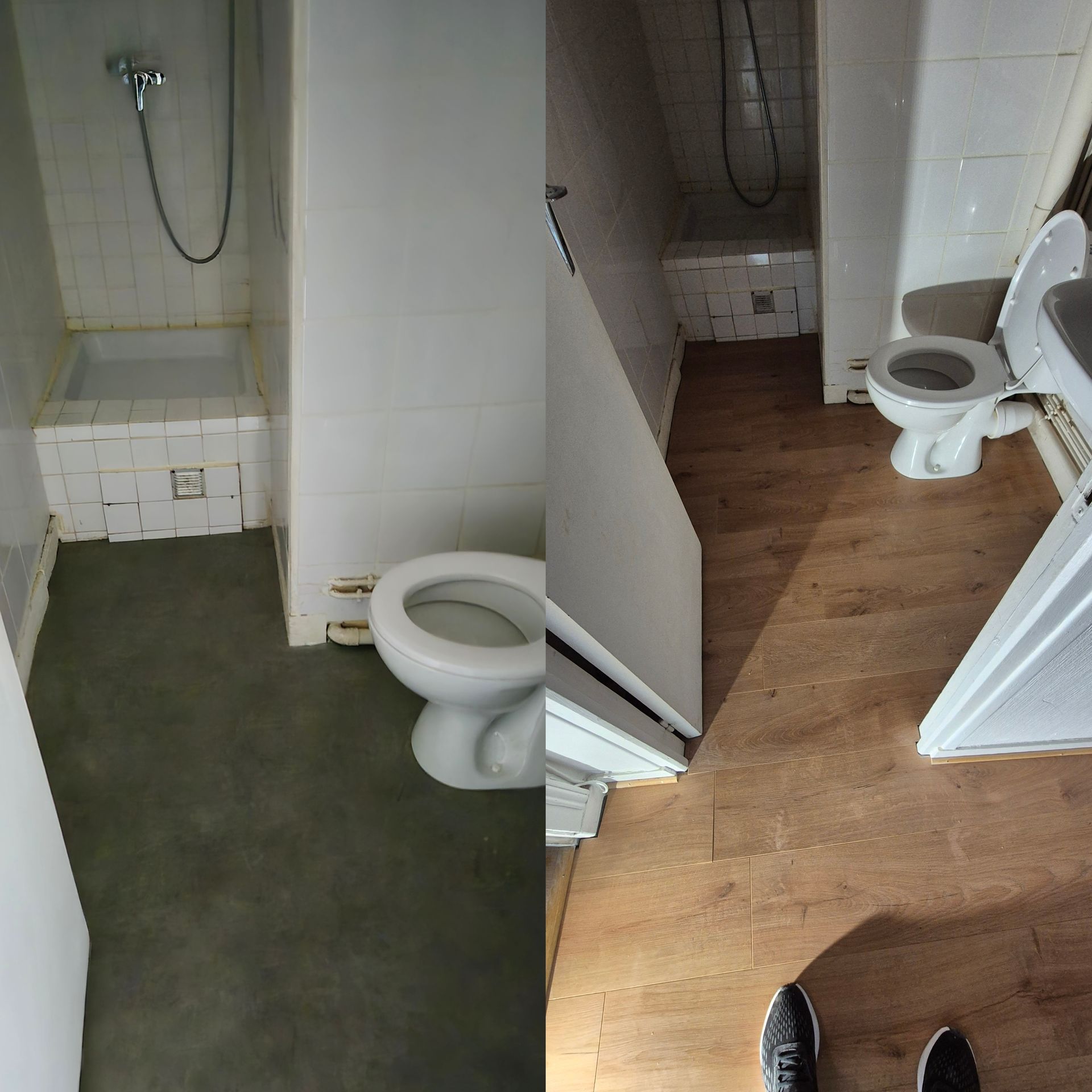 Montage avant/après de la pose d'un sol stratifié dans une salle de bains avec douche et toilettes