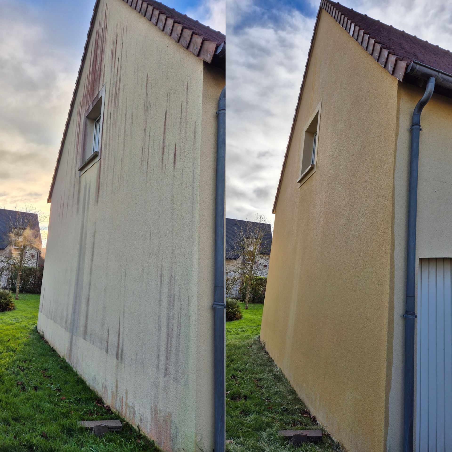 Montage avant/après d'un ravalement de façade avec nettoyage à basse pression