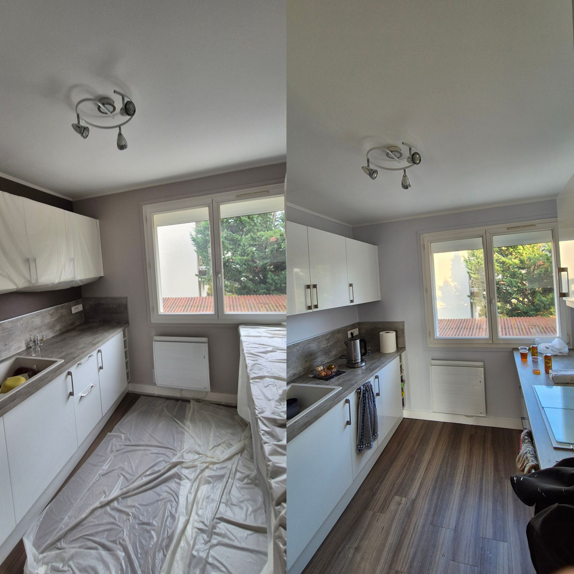 Montage avant/après de la pose d'un sol stratifié dans une cuisine