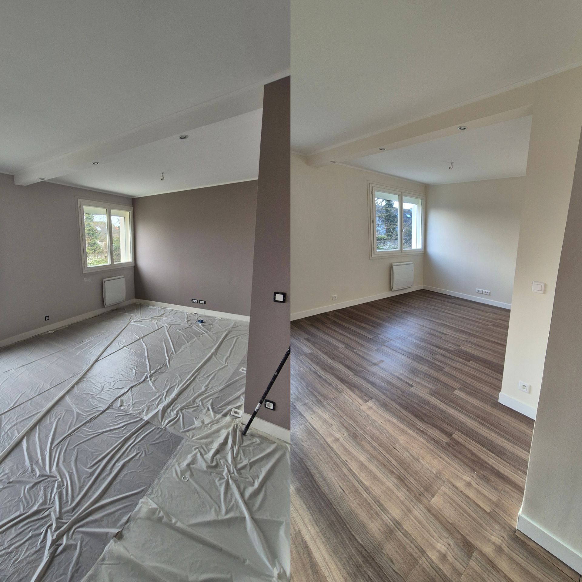 Montage avant/après de la pose de parquet stratifié dans une pièce