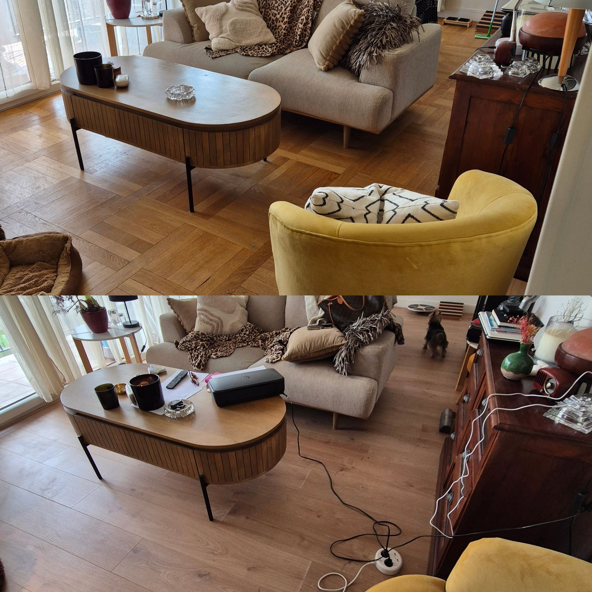 Montage avant/après du changement du sol dans un salon pour un parquet stratifié