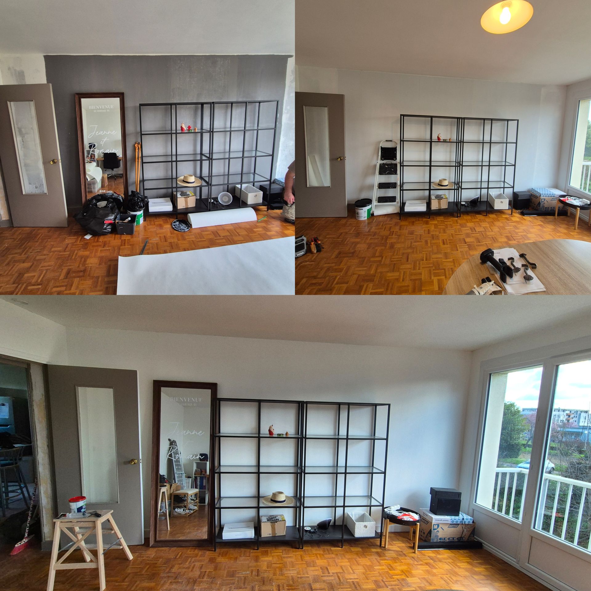 Montage en plusieurs étapes pour la pose d'un revêtement mural dans une pièce avec une étagère