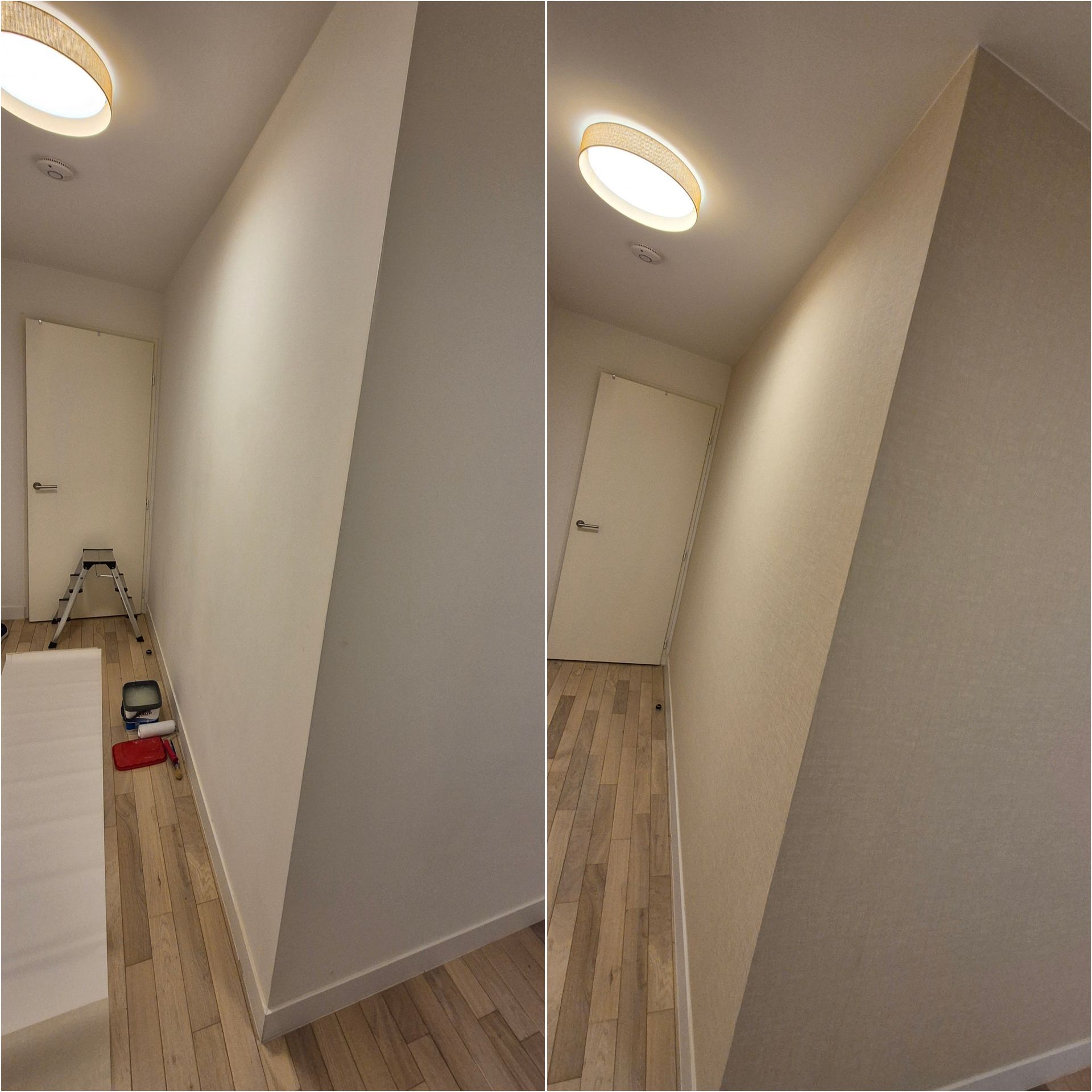 Avant/après de travaux de peinture dans un couloir