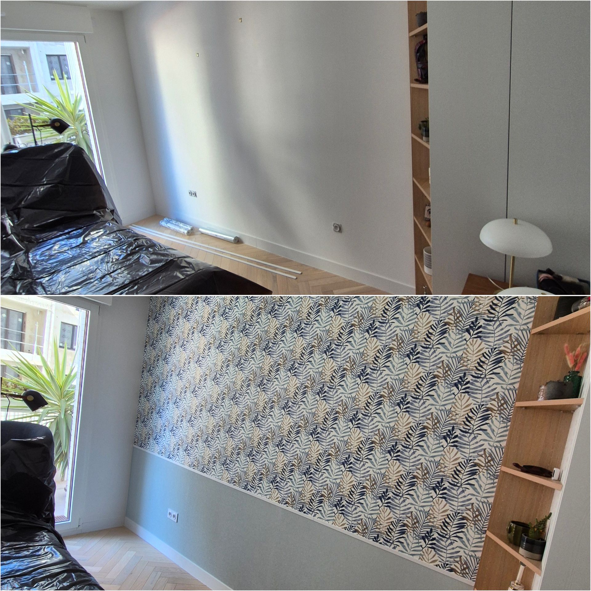 Montage avant/après de travaux de tapisserie et peinture dans une pièce