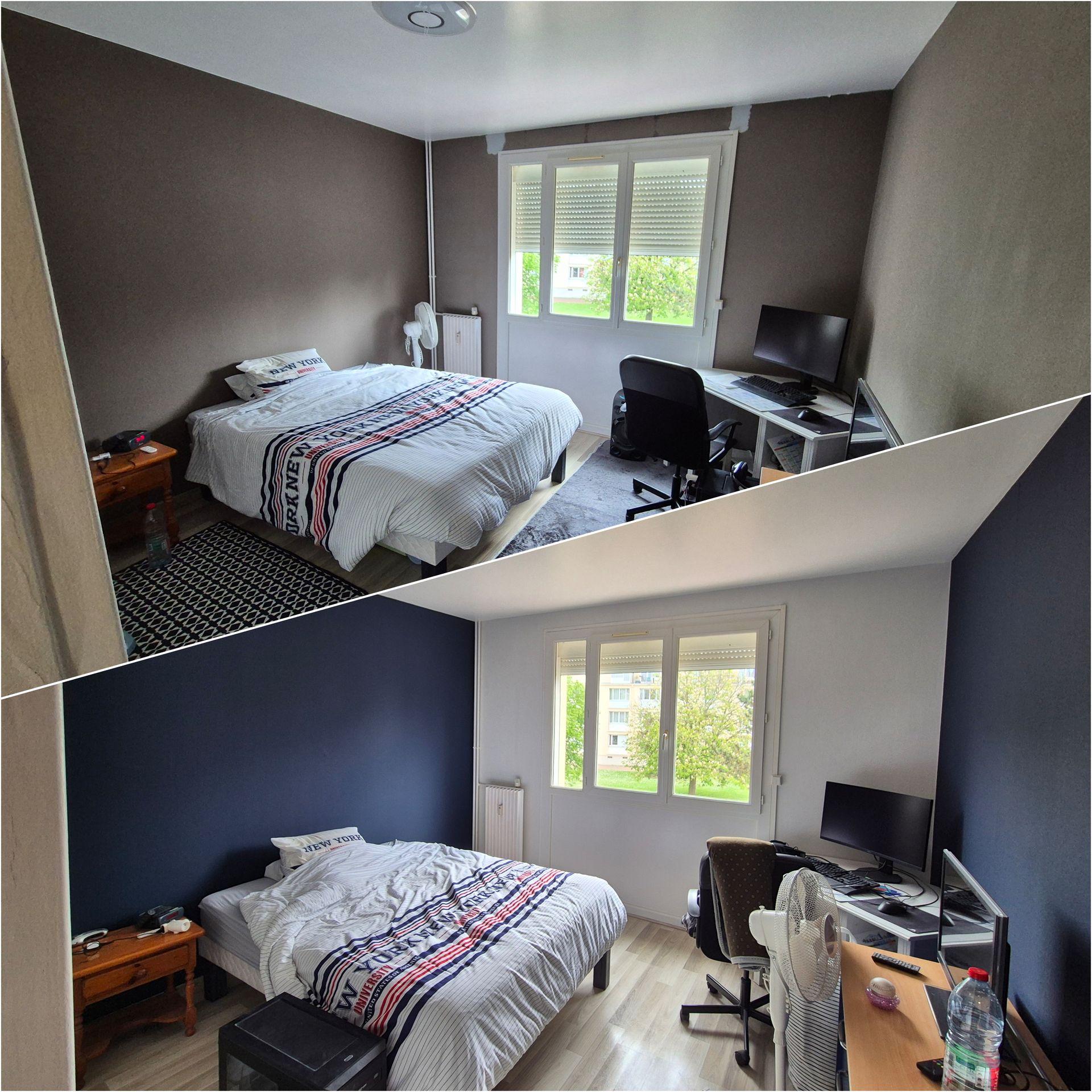 Montage avant/après de la peinture intérieure d'une chambre avec des murs bleus et blancs