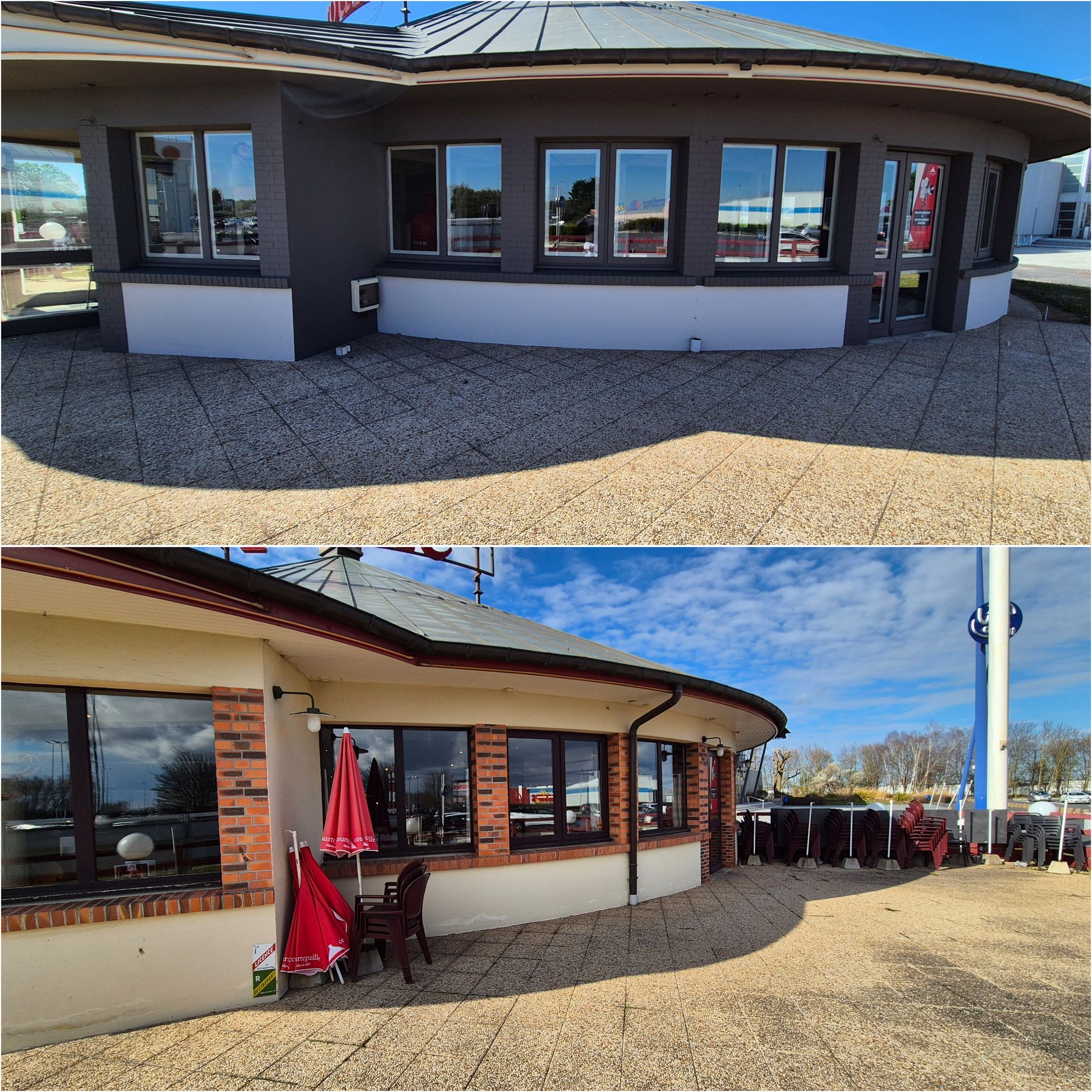 Montage avant/après des travaux de peinture extérieure du Courtepaille de Mondeville