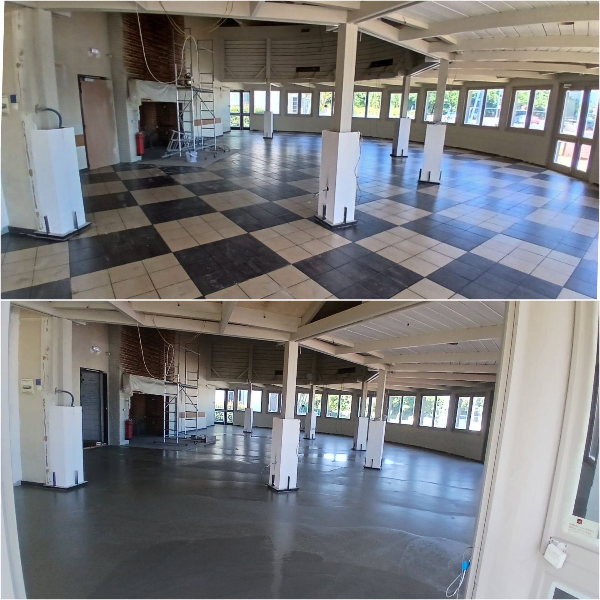 Avant/après des travaux de changement de revêtement de sol du restaurant Courtepaille à Mondeville