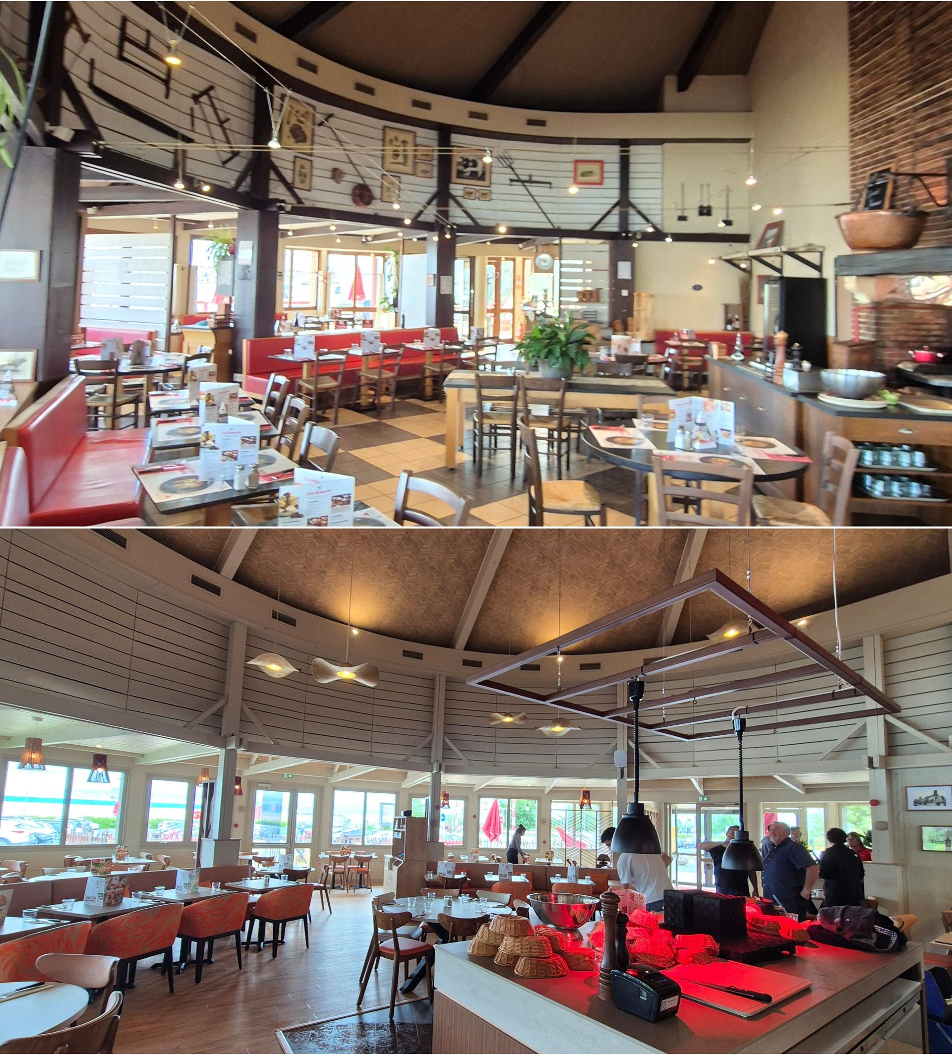 Montage des travaux avant/après pour le changement des revêtements du restaurant Courtepaille dans la pièce principale