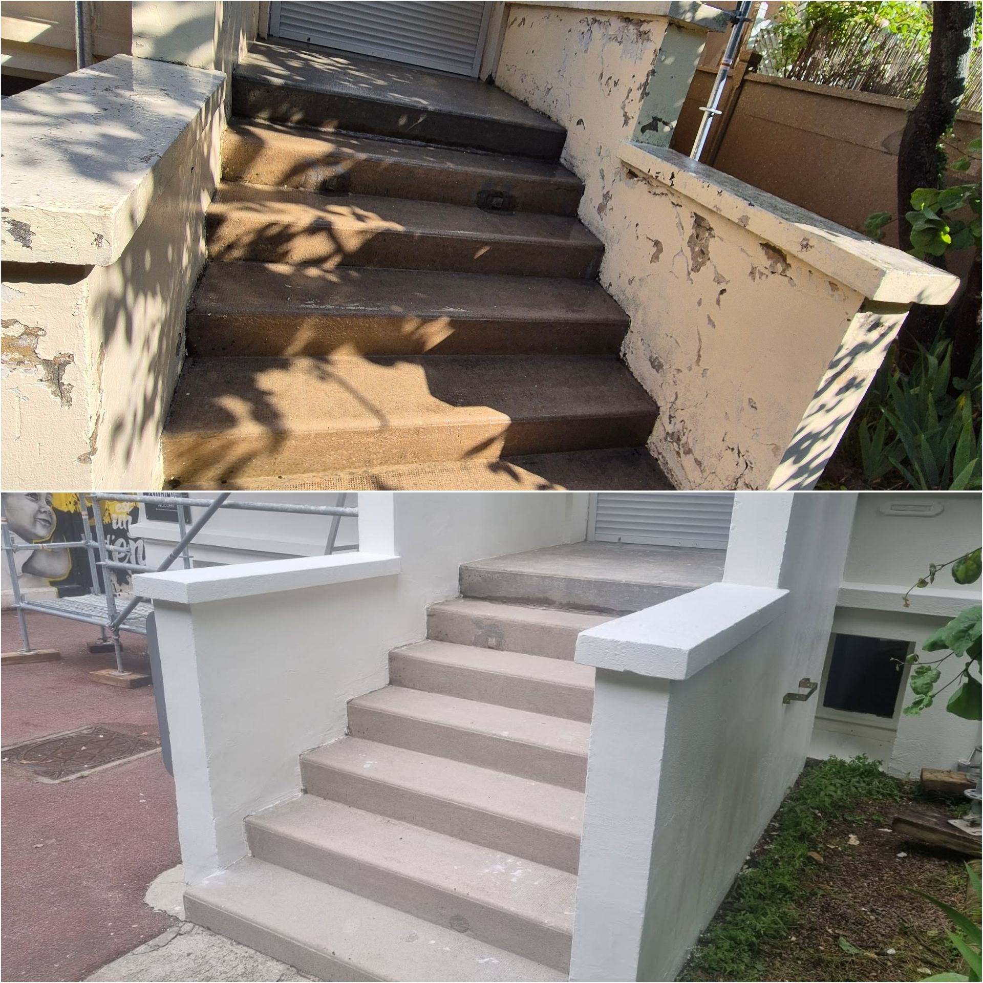 Montage avant/après de travaux de peinture extérieure sur un escalier et ses rambardes en pierre