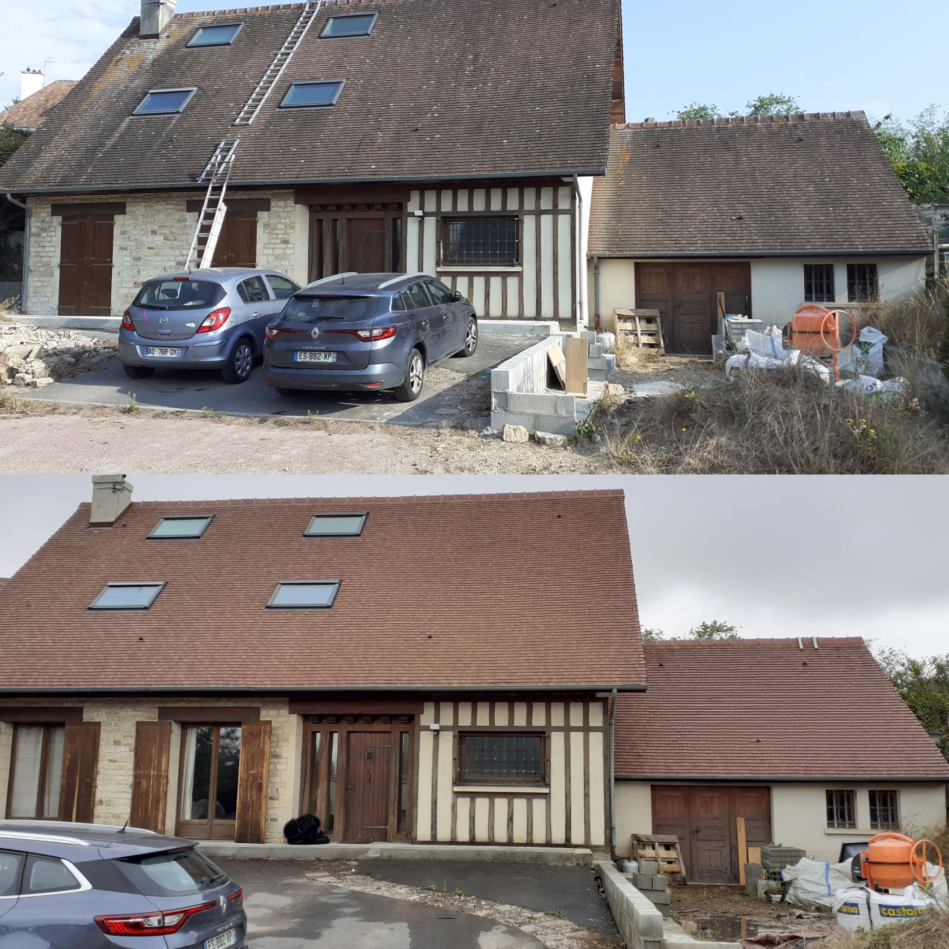 Montage avant/après d'une intervention pour le nettoyage de deux toits d'une maison