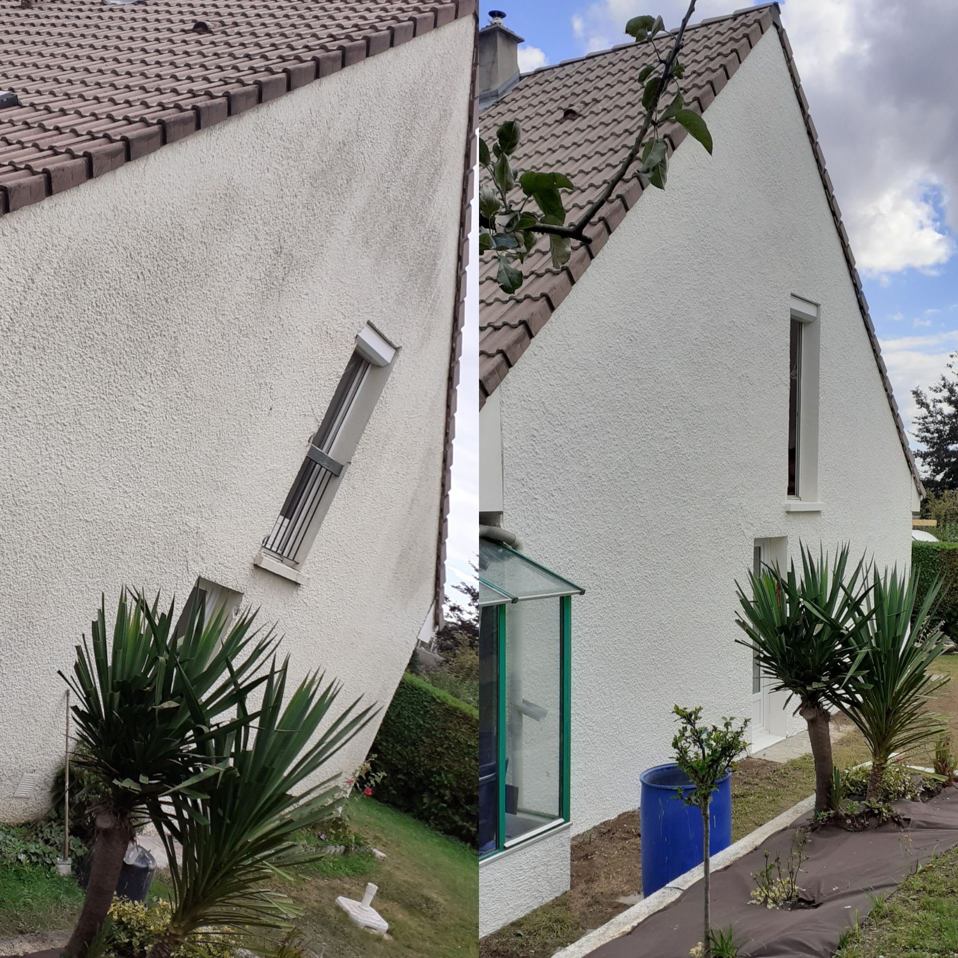 Montage avant/après d'une façade de maison à nettoyer et repeindre