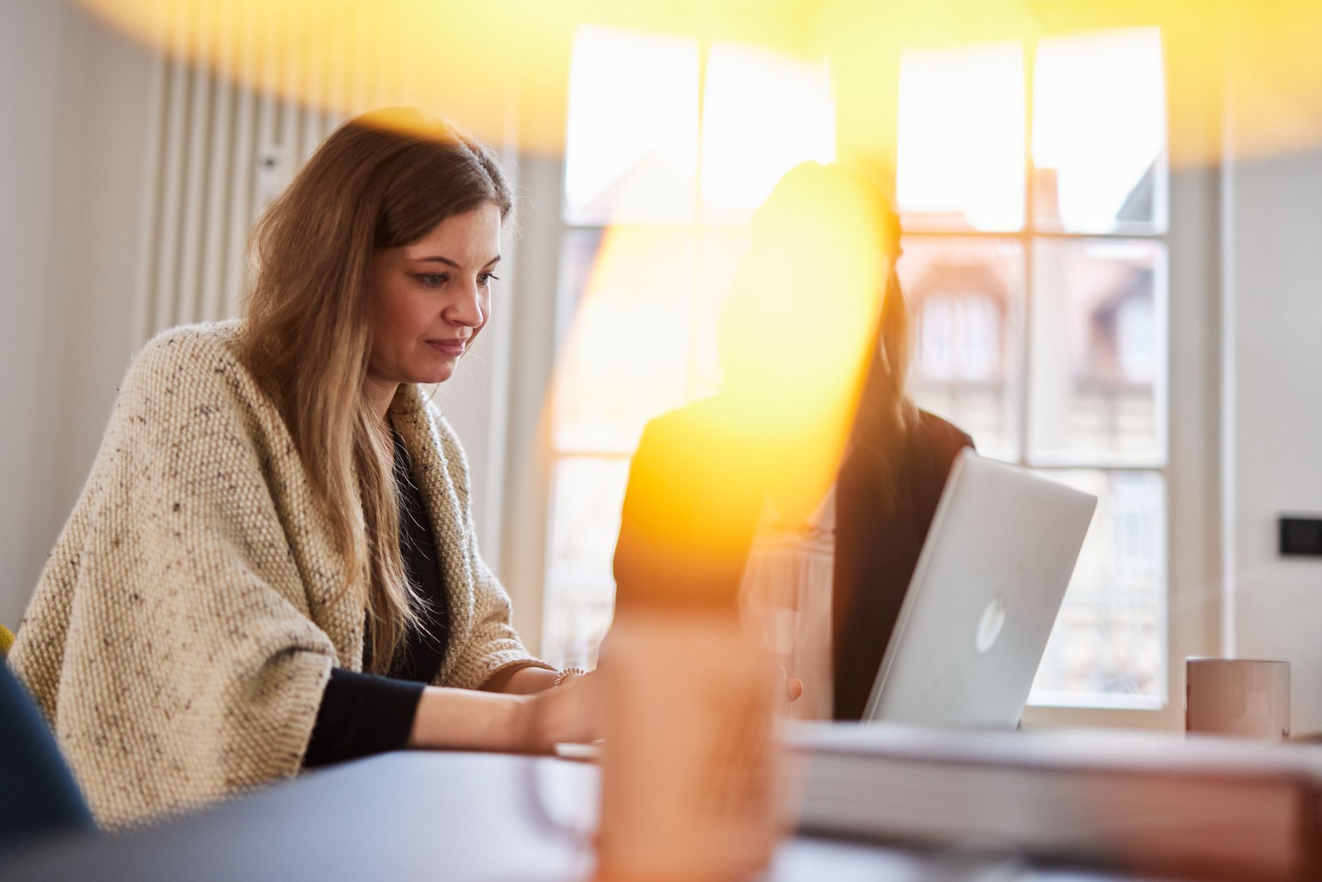 Eine Frau arbeitet an einem Laptop an einem hellen Fenster in einem Büro.