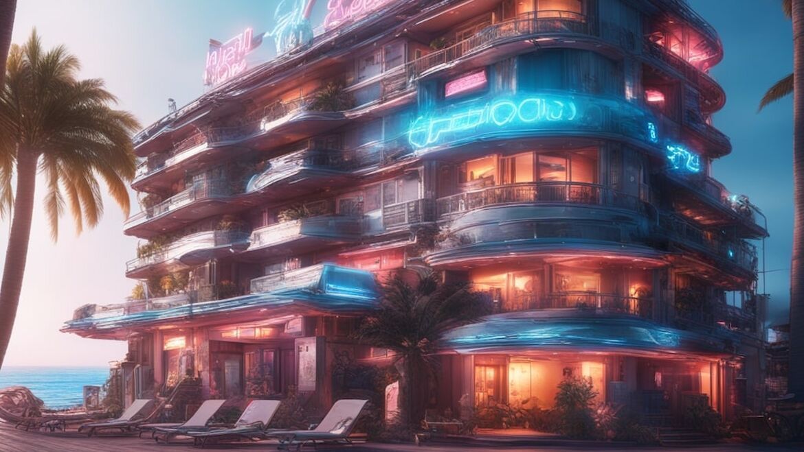 Neonbeleuchtetes Hotel am Strand mit Palmen im Hintergrund, KI-generiert