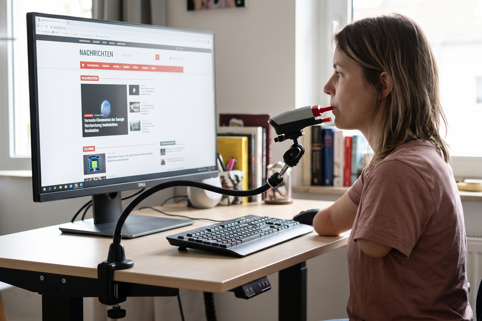 Eine Person arbeitet von zu Hause aus an einem Schreibtisch mit großem Monitor und Mikrofon.