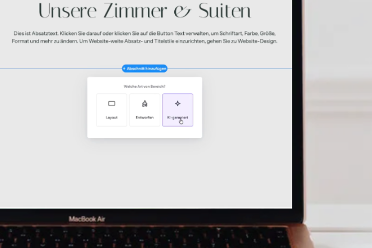 Bildschirm mit einer Webseite, die eine deutsche Überschrift und ein Popup mit drei Optionen zeigt.