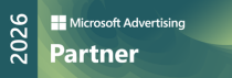 Microsoft Advertising Partner 2026-Abzeichen mit grünem Farbverlauf im Hintergrund und weißem Text
