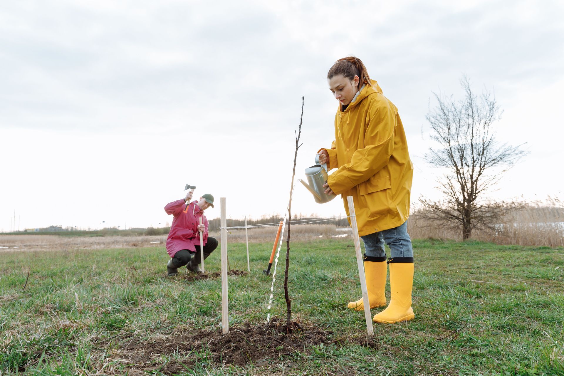 Zwei Personen pflanzen Bäume auf einem Feld, eine in gelben Gummistiefeln und Jacke, die andere in Pink kniet daneben.