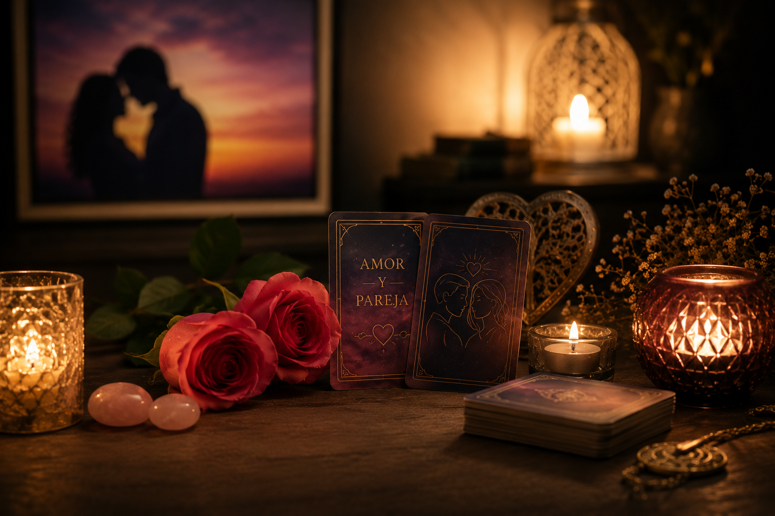 Mesa romántica a la luz de las velas con rosas, tarjetas y luces tenues junto a una pareja