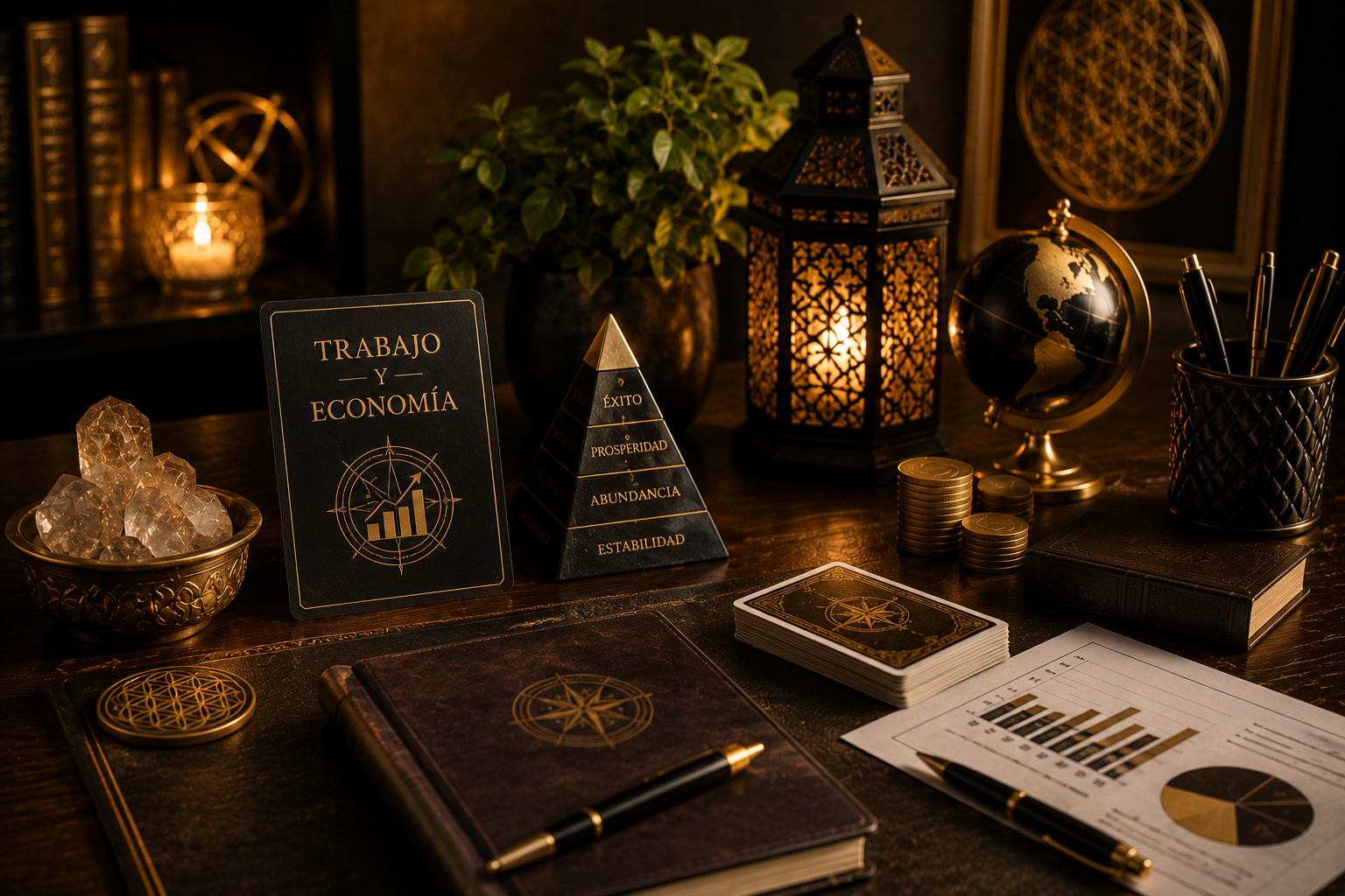 Escritorio oscuro iluminado con velas, con libros, cartas del tarot, cristales y adornos de latón