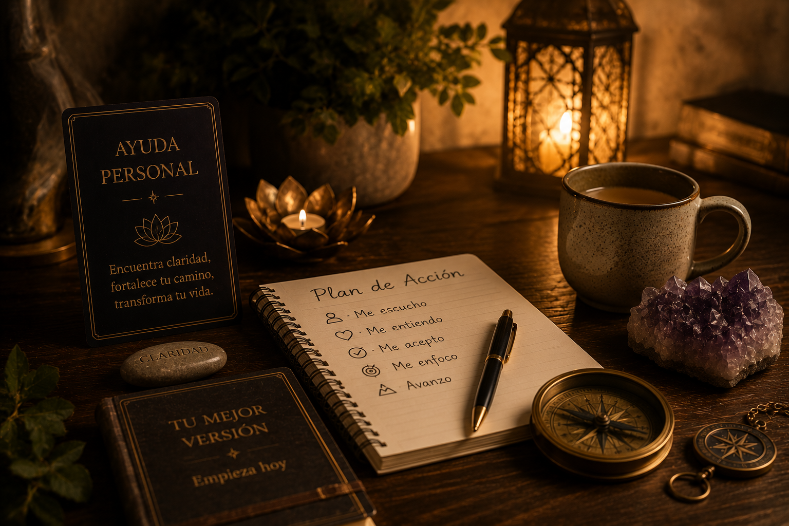 Escritorio acogedor a la luz de las velas con cuaderno, bolígrafo, libros, taza, cristales