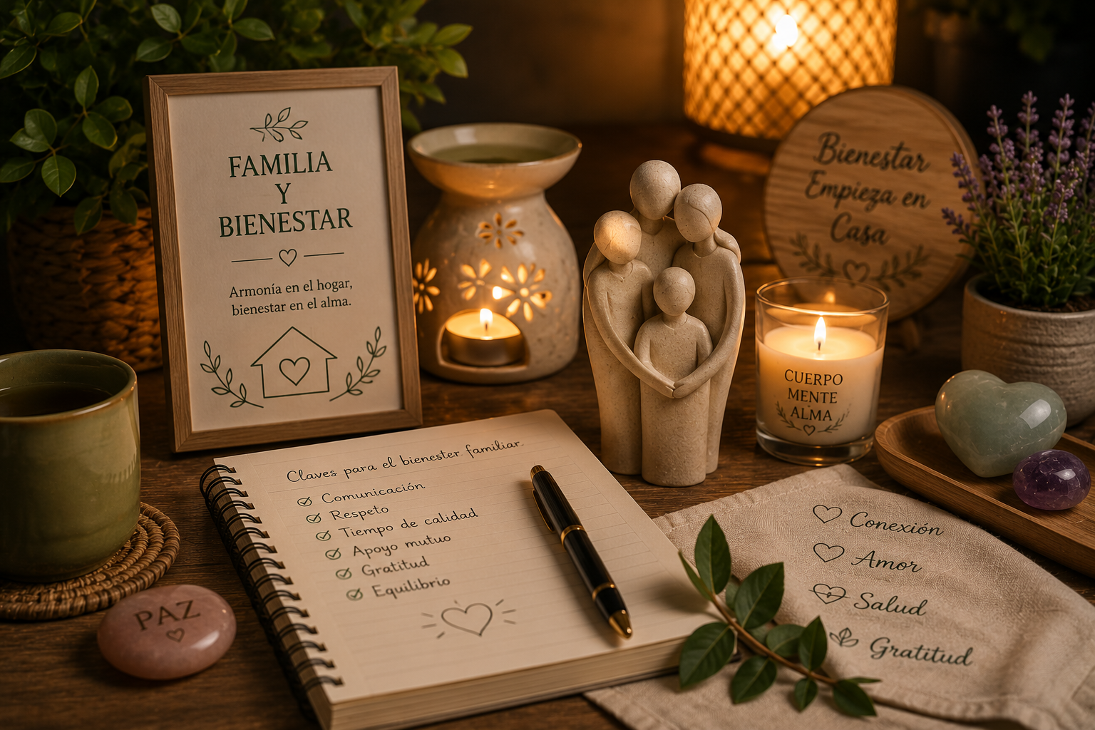 Cálido arreglo de regalos de cumpleaños con velas, tarjetas, flores y un bolígrafo sobre una mesa de madera.