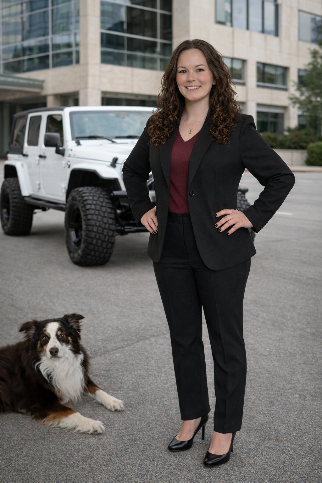 Woman with curly hair and tattoos in a kitchen, smiling. Wearing a red shirt.