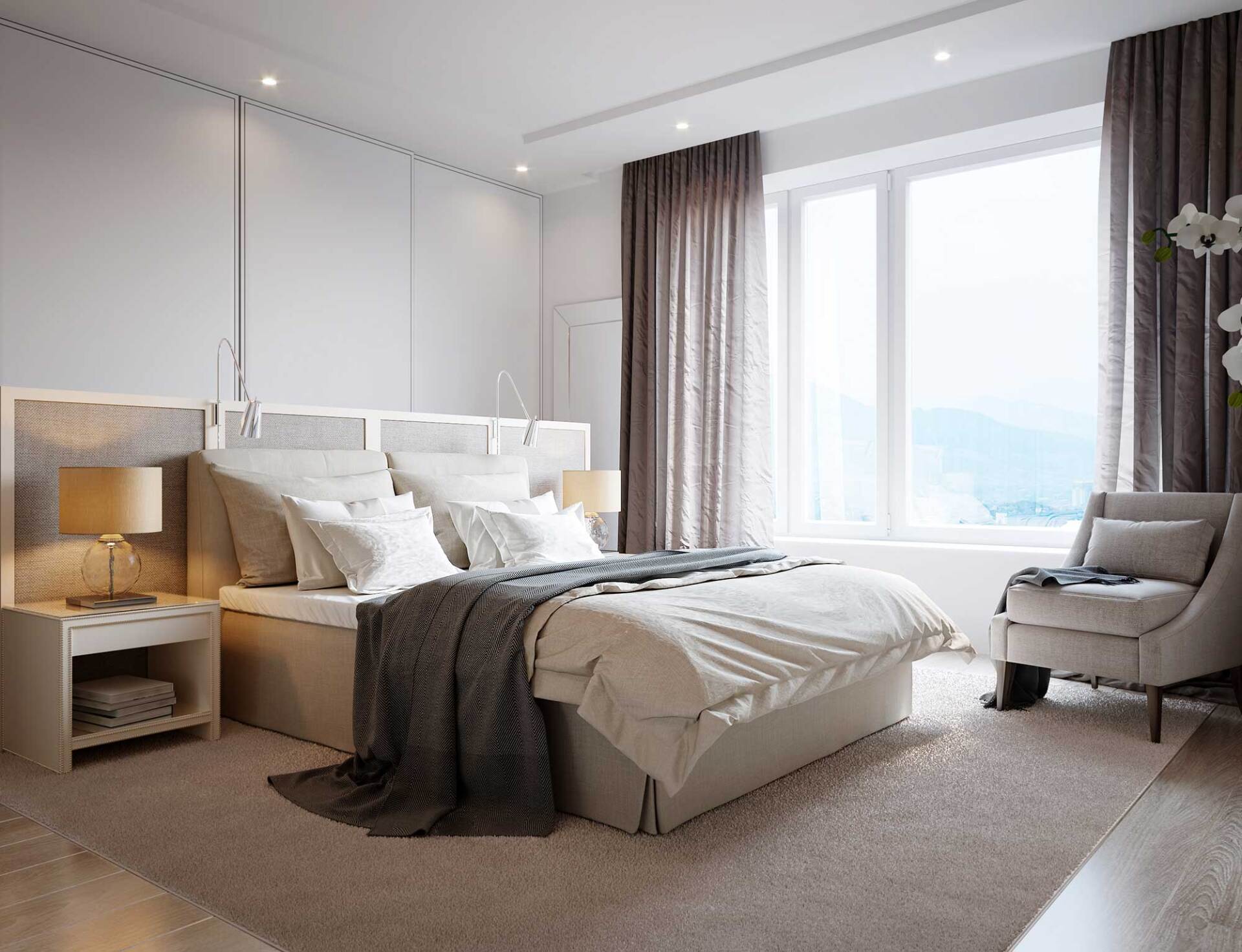 Cozy bedroom with large bed, window, chair, and neutral color scheme.