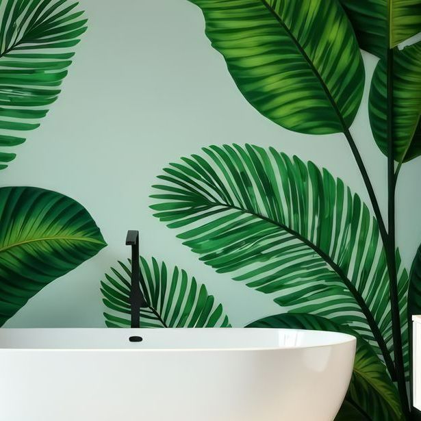 Du papier peint avec de grandes feuilles tropicales derrière une baignoire