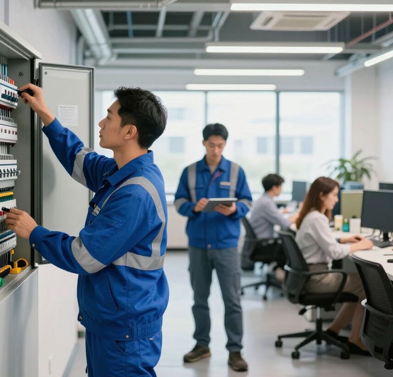 Técnicos con uniformes azules ajustan equipos en un luminoso laboratorio de oficina con compañeros de trabajo al fondo.