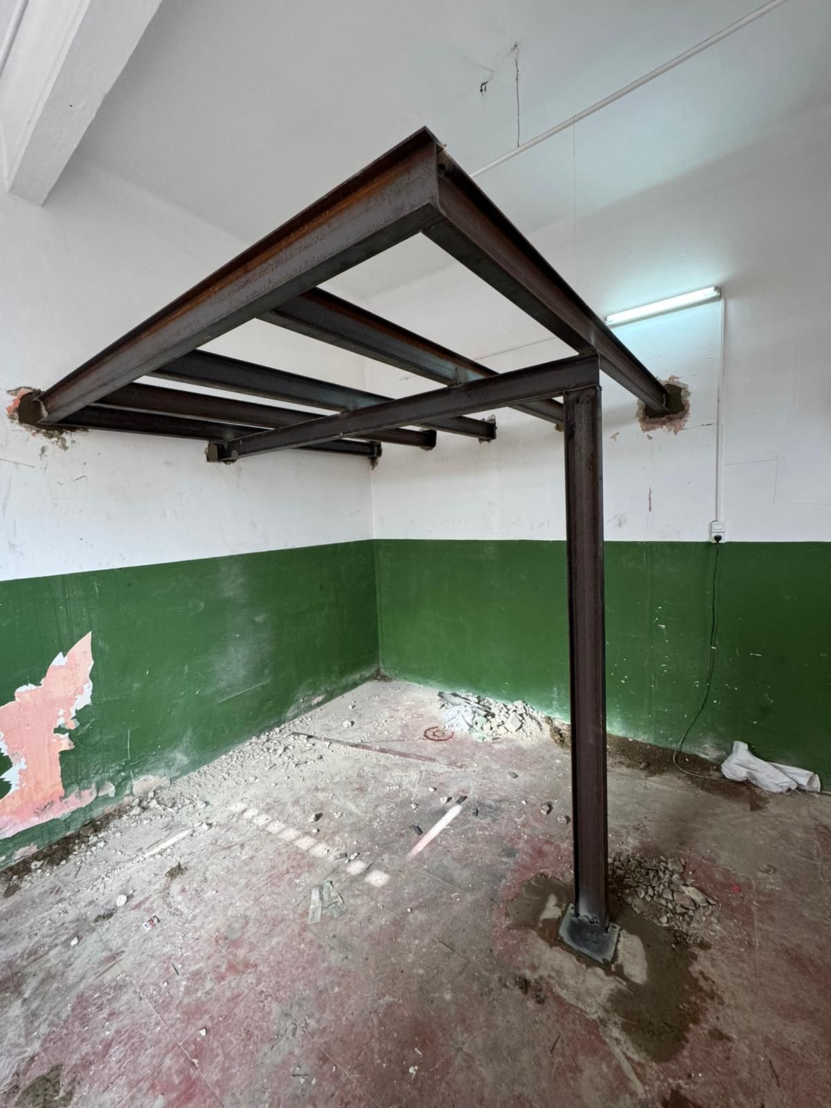 Vista inclinada de una jardinera en la azotea, junto a un garaje, con bordes de ladrillo rojo y escasas plantas verdes.