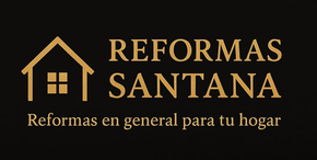 Logotipo de &ldquo;Reformas Santana&rdquo; sobre fondo negro con icono de casa dorada y eslogan &ldquo;Reformas en general para tu hogar&rdquo;