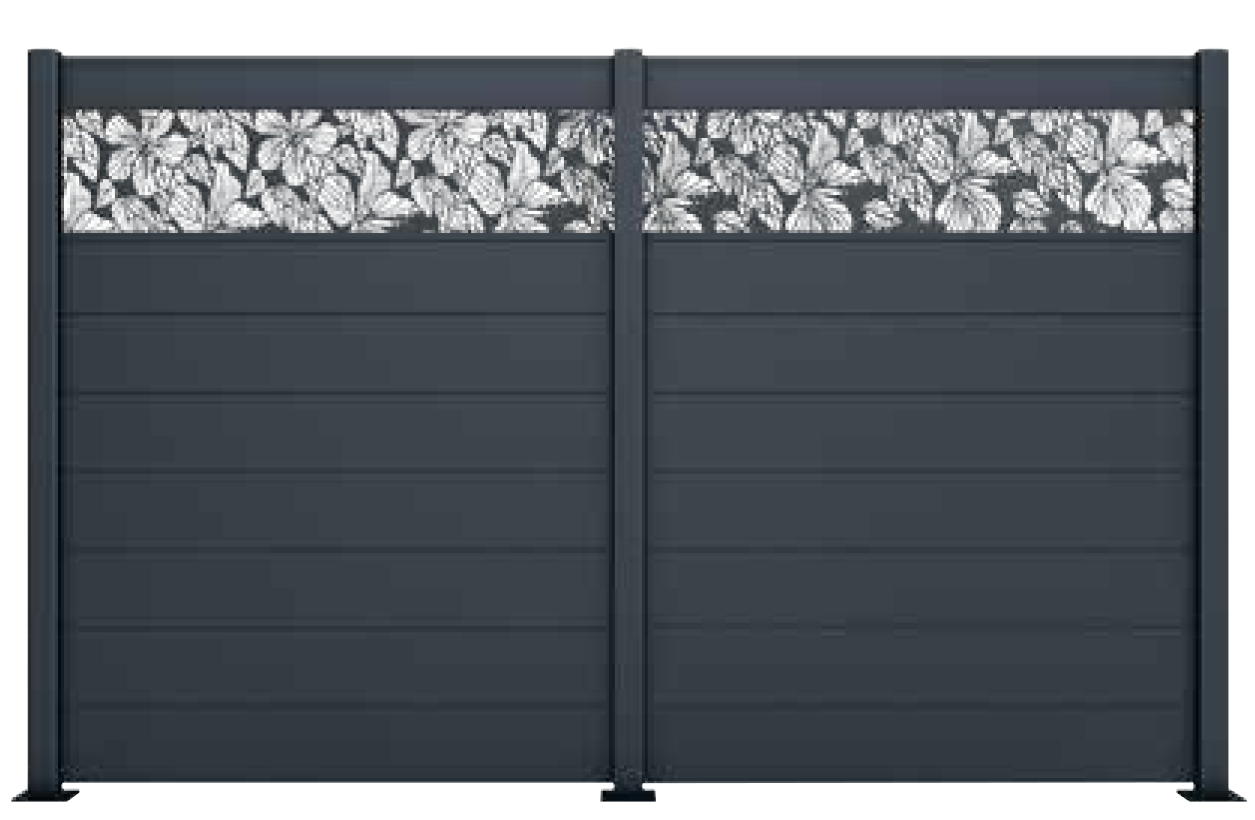 Clôture en aluminium gris foncé avec un panneau décoratif à motif de feuilles sur le dessus.