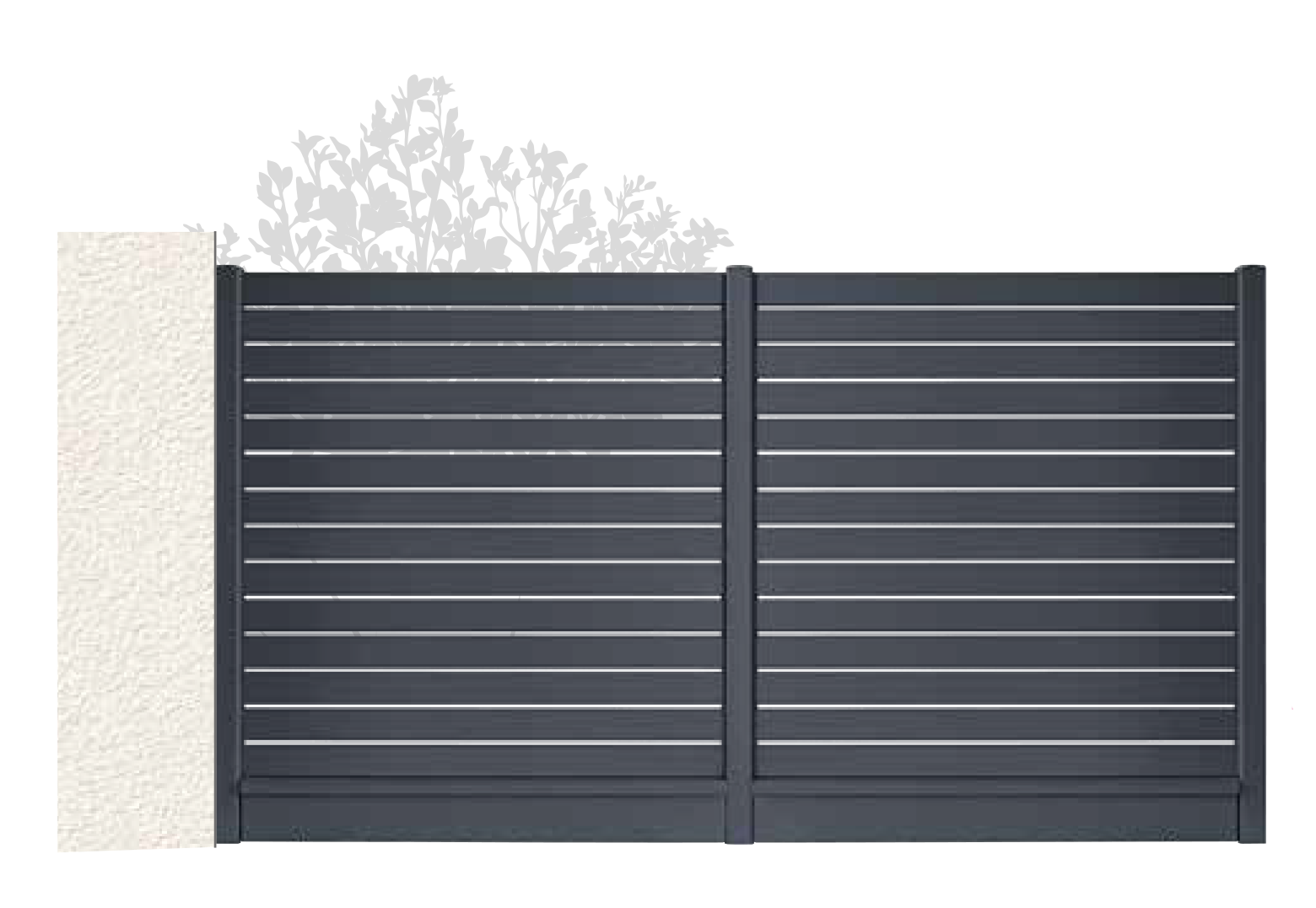 Portail à lattes horizontales gris foncé, fixé à un pilier en stuc beige clair.