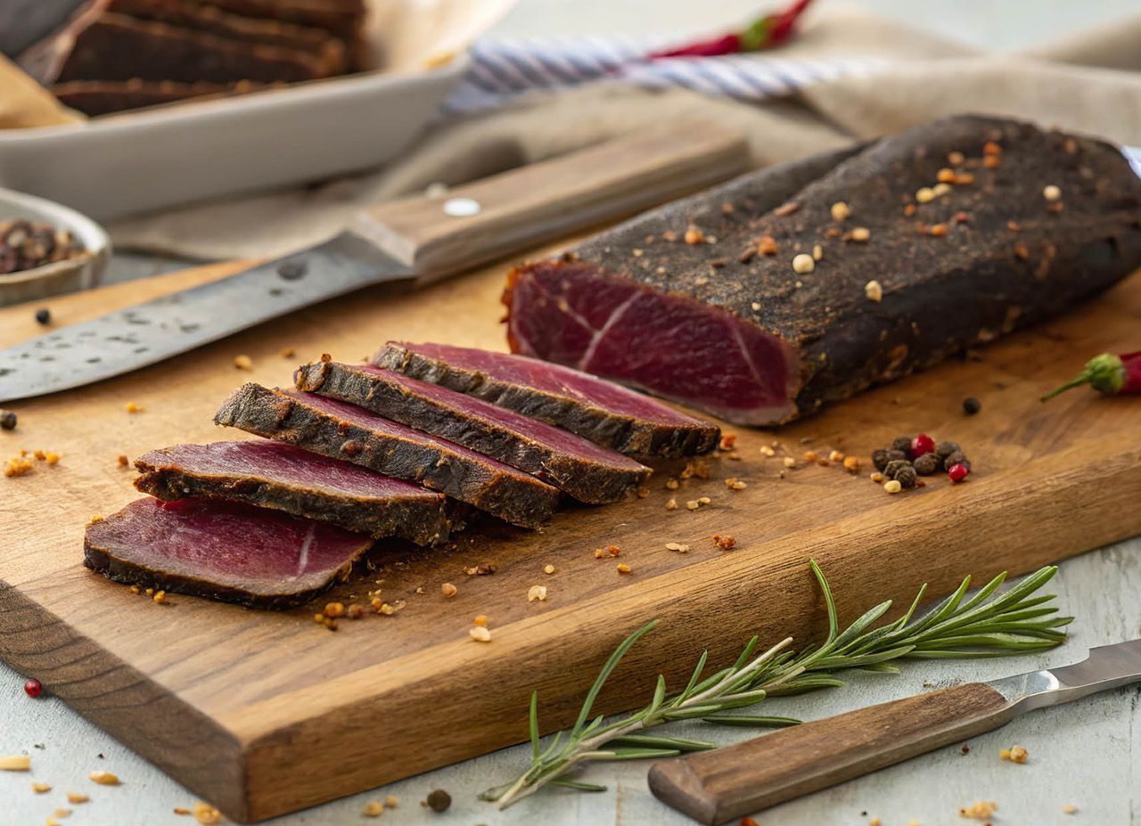 A piece of meat is being sliced on a wooden cutting board.