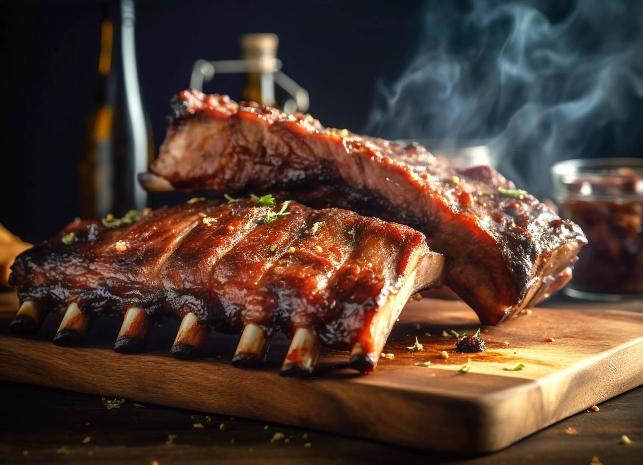 Two ribs are sitting on top of a wooden cutting board.