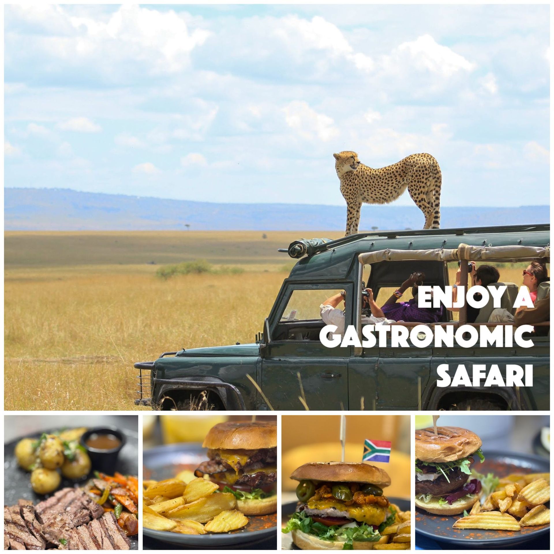 A cheetah is standing on top of a safari vehicle