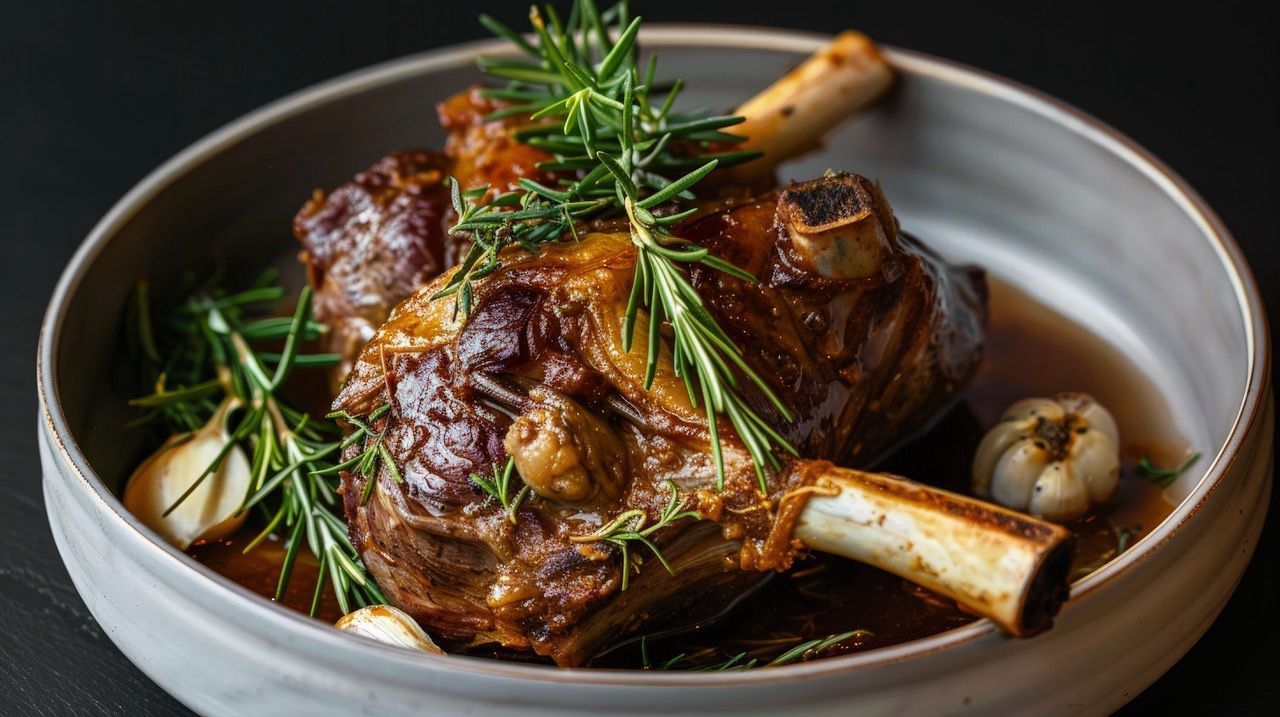 A close up of a plate of food with meat and vegetables on a table.
