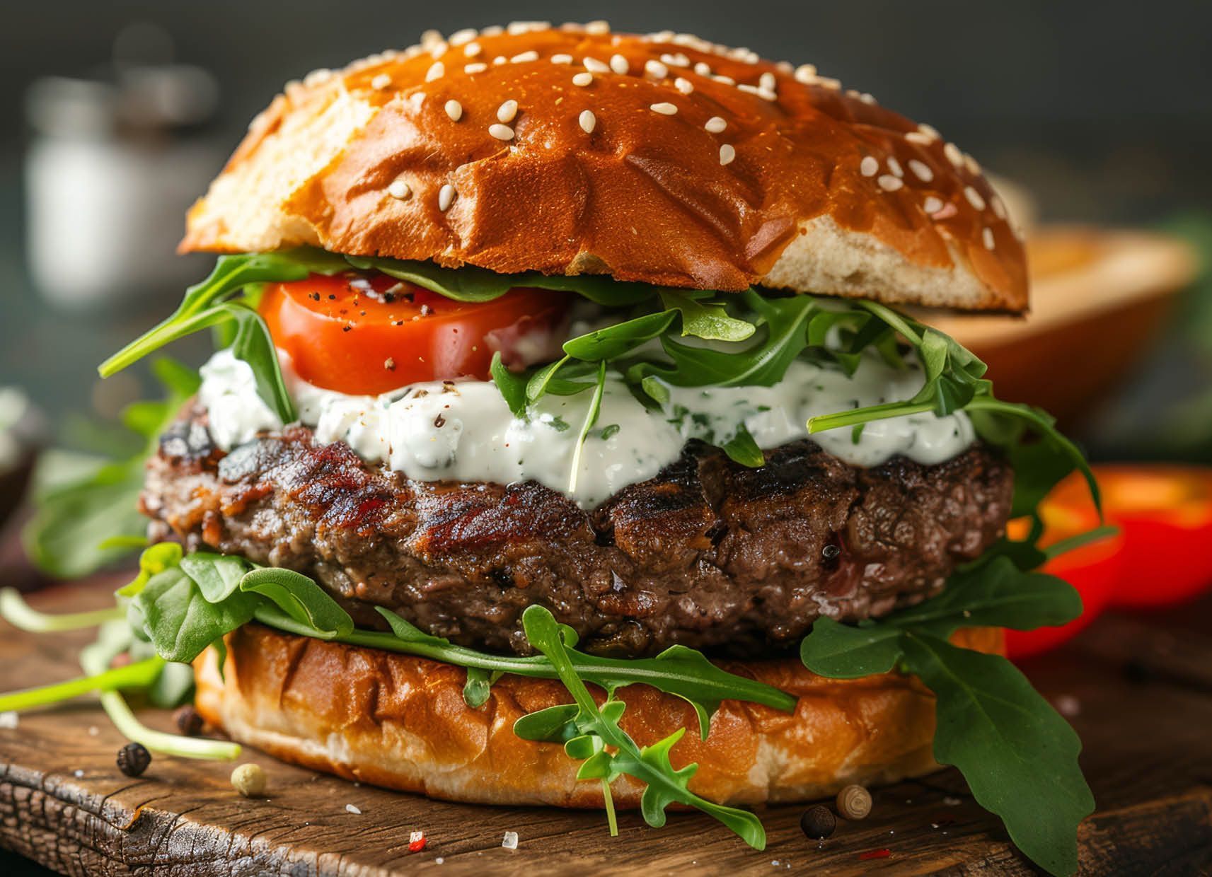 A hamburger with tomatoes , lettuce , and ranch dressing on a wooden cutting board.
