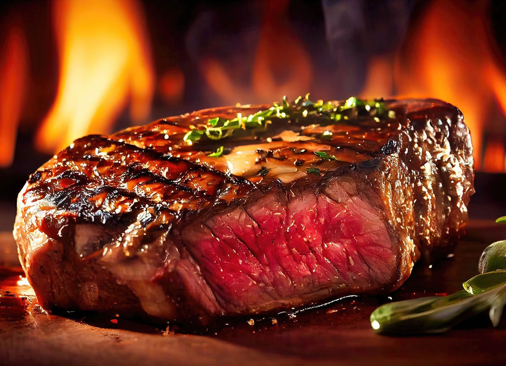 A steak is being cooked in front of a fire