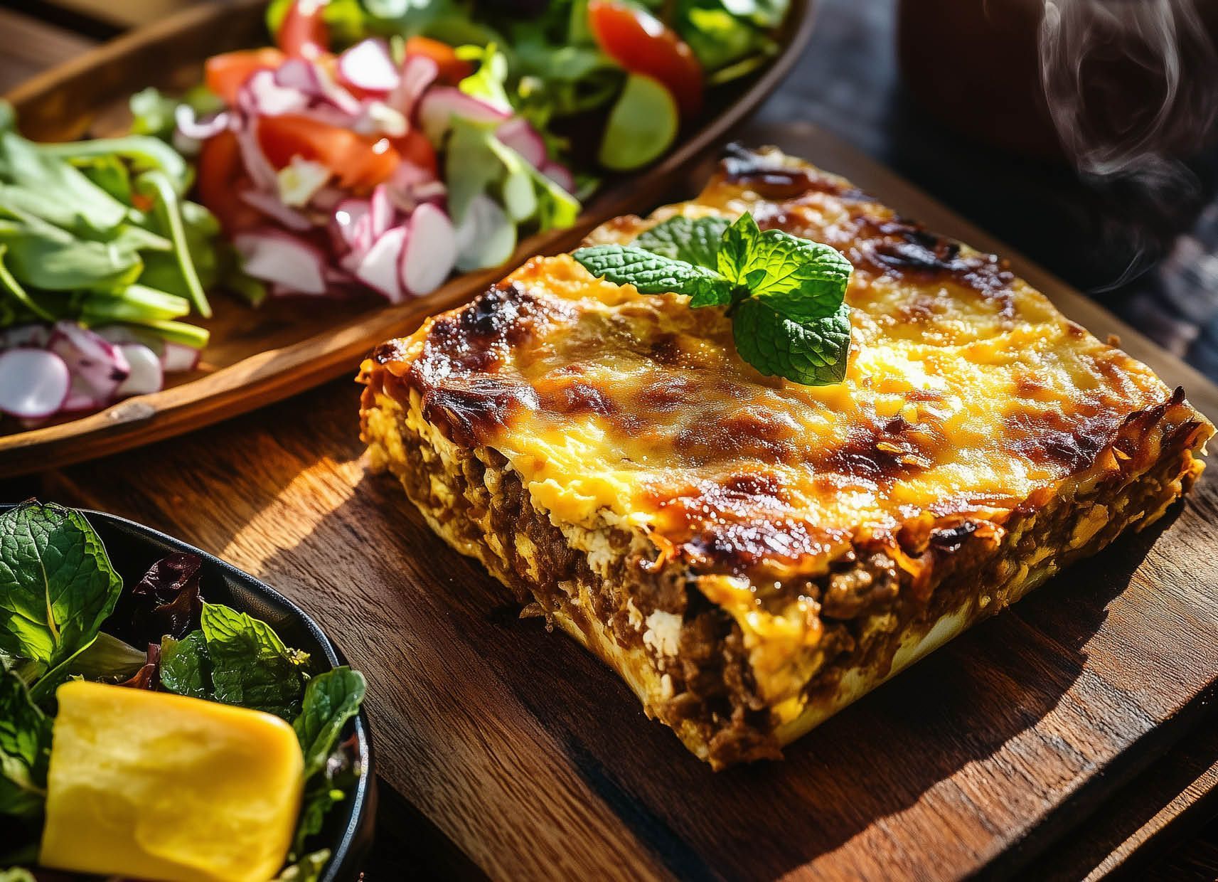 A piece of lasagna is sitting on a wooden cutting board next to a plate of salad.