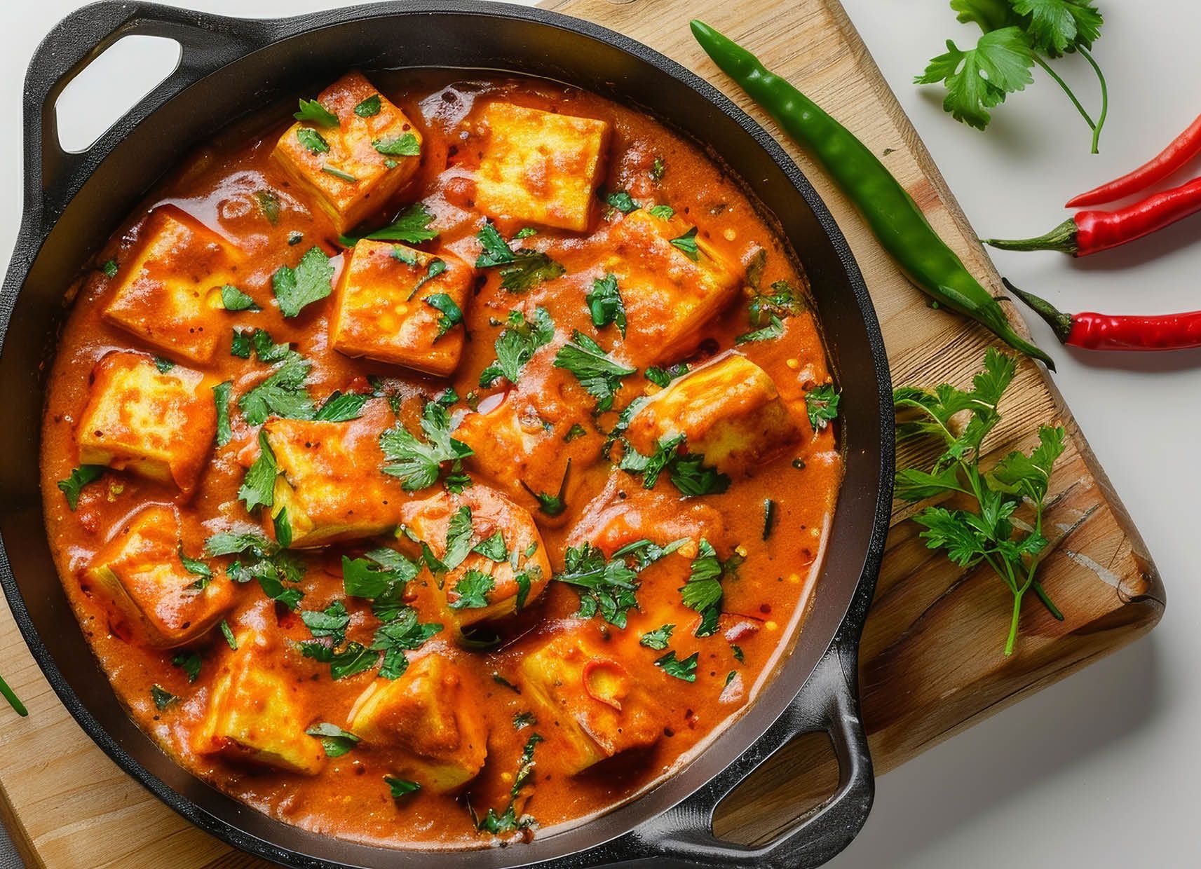 A pan filled with tofu in a sauce on a wooden cutting board.