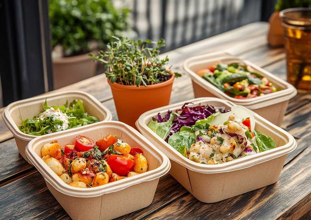 Four containers of food are sitting on a wooden table.
