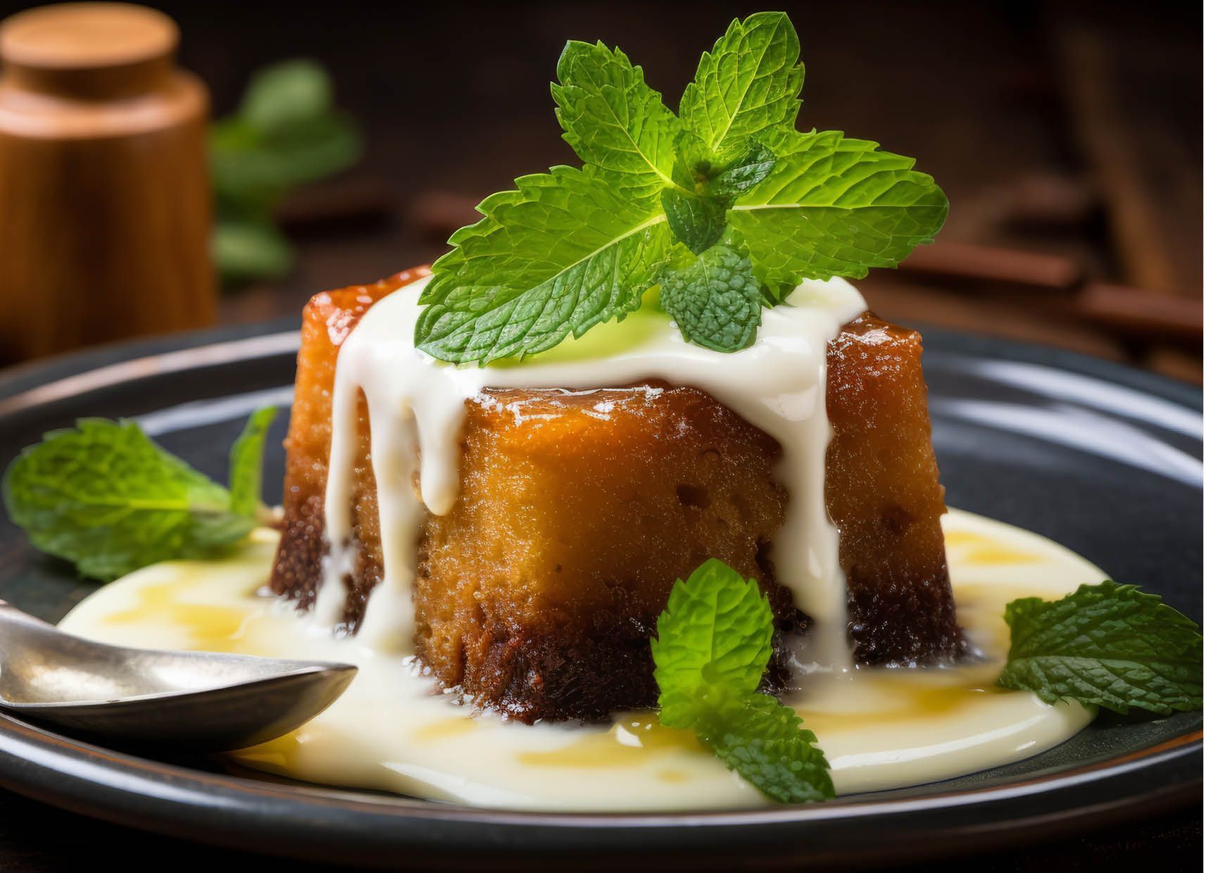 A close up of a dessert with a spoon on a plate.