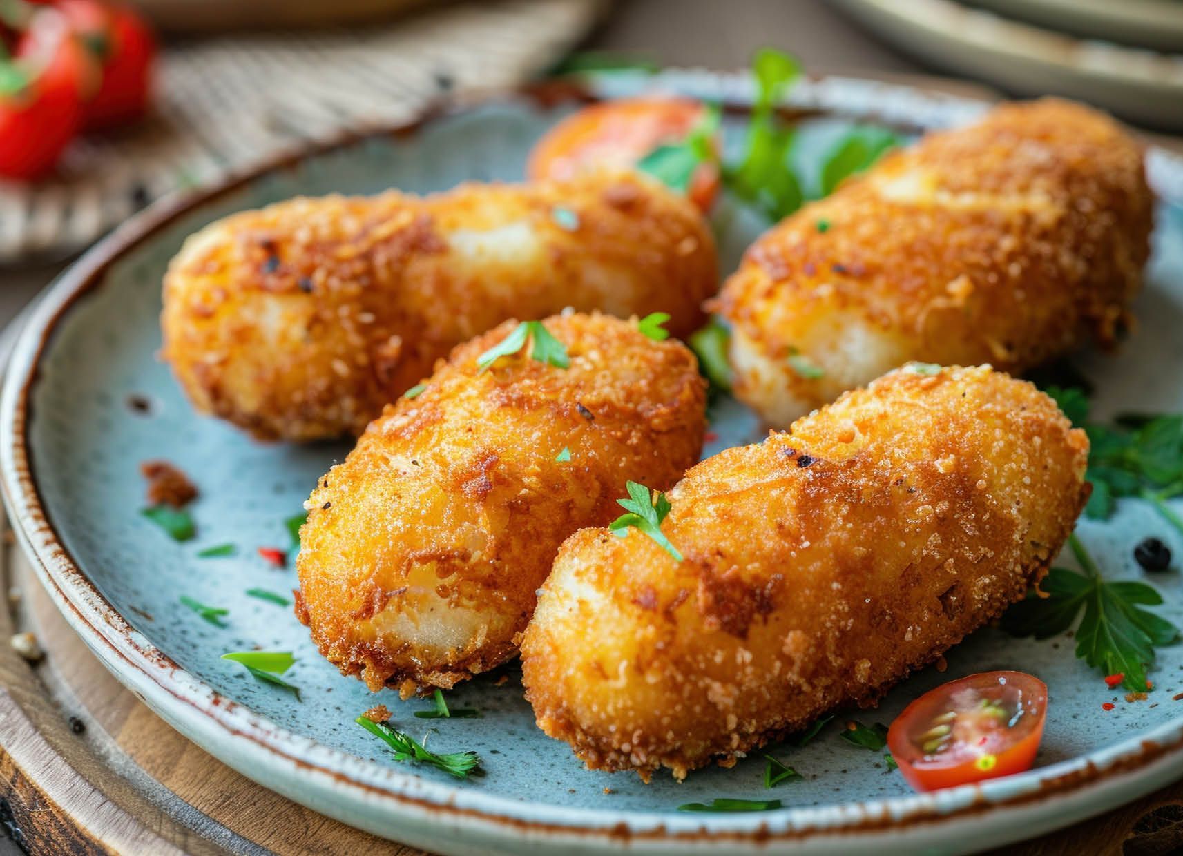 A plate of fried food with tomatoes and parsley on a wooden table.
