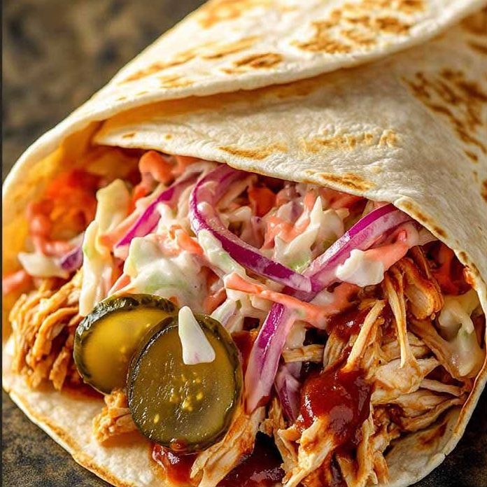 A pulled chicken wrap with coleslaw and pickles