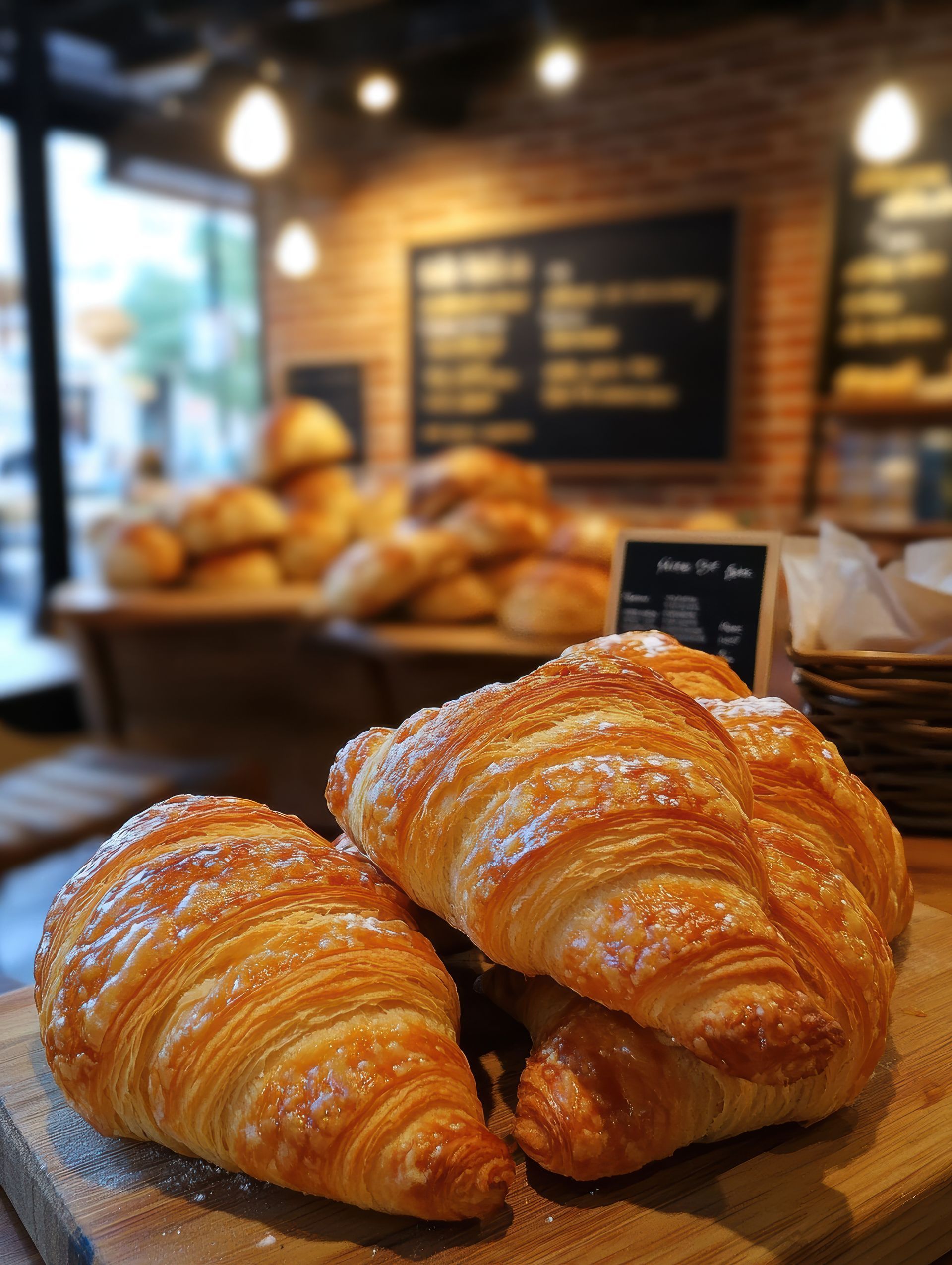Des croissants empilés sur une planche.