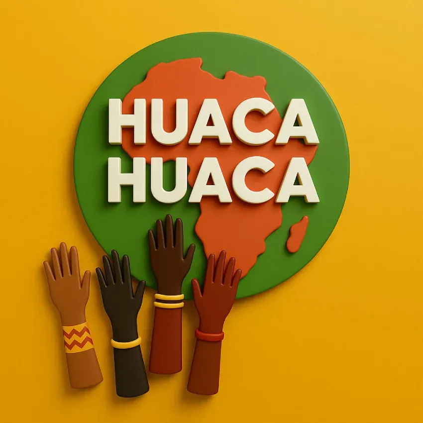 Texto HUACA HUACA sobre un círculo verde con manos levantadas en diferentes tonos de piel sobre un fondo amarillo.